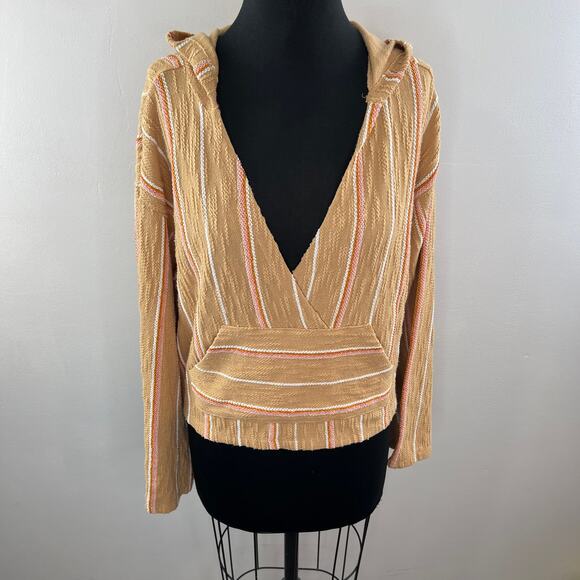 L Space Beige M Wrap Top Cotton Paradise Sunrise Striped Hooded Pullover NEW - Picture 3 of 10